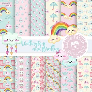 Puede incluir: Un conjunto de 8 diseños de papel digital con lindas ilustraciones de acuarela de arcoíris, nubes, gotas de lluvia, paraguas y botas de lluvia. Los papeles son perfectos para scrapbooking, creación de tarjetas y otros proyectos de manualidades. El texto "Wellingtons and Broillies" y "Little Paper Boutique" está incluido en el diseño.