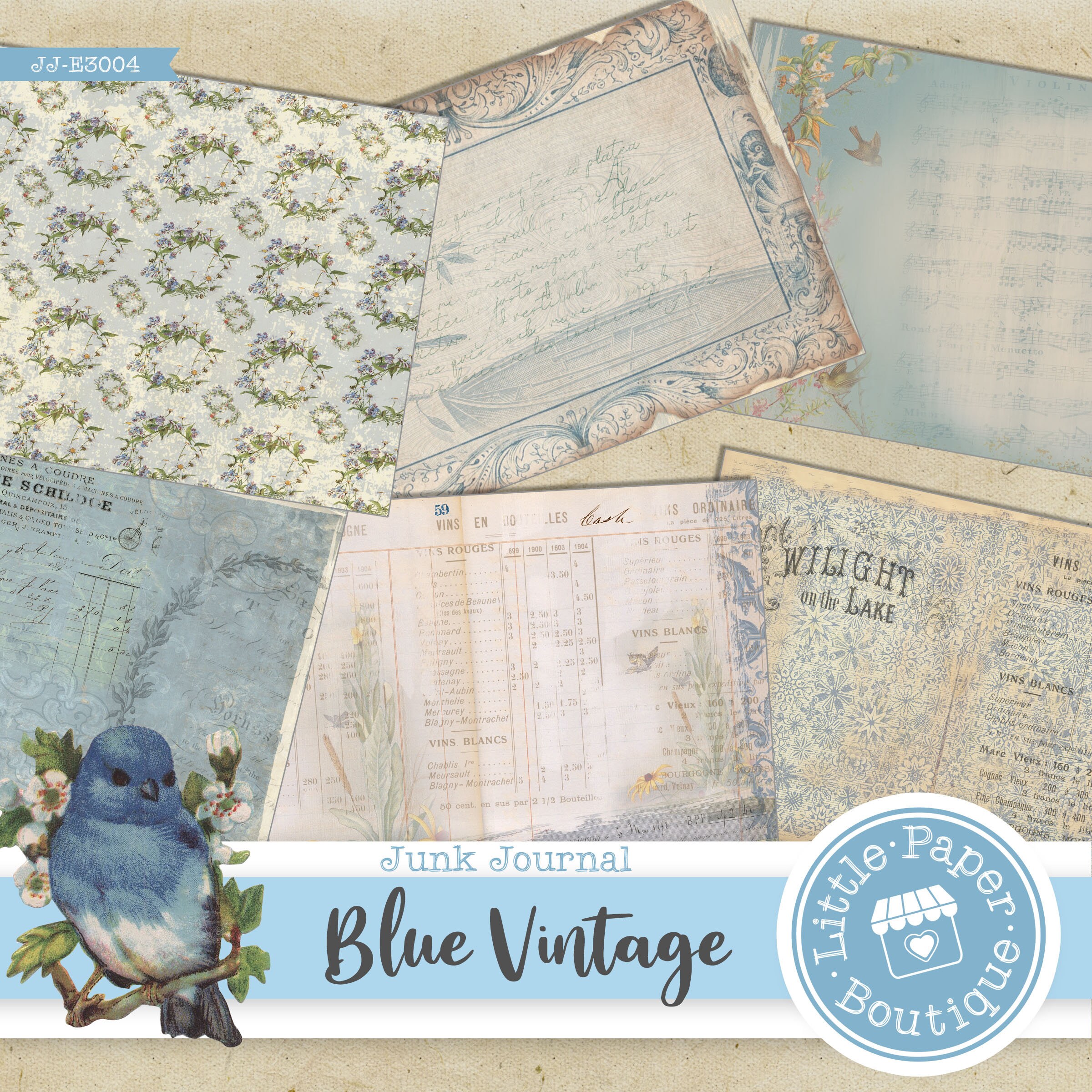 Vintage French Blue Digital Junk Journal Kit (FULL KIT) With Scrapbook ...