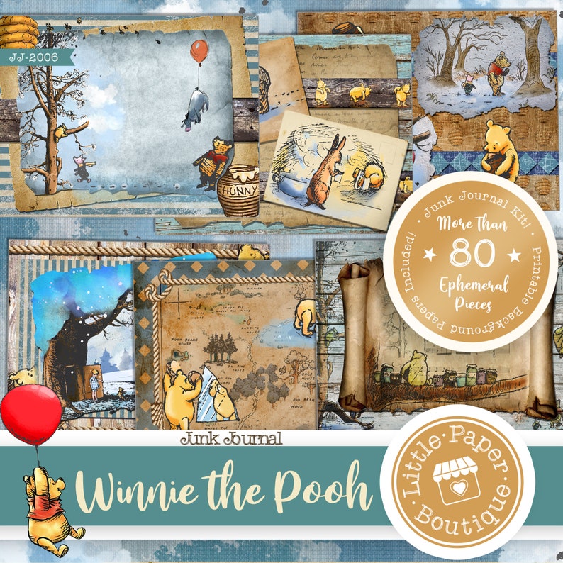 May include: A digital collage kit featuring Winnie the Pooh characters. The kit includes over 80 printable ephemera pieces, including backgrounds, papers, and images. The kit is perfect for scrapbooking, junk journaling, and other paper crafts.