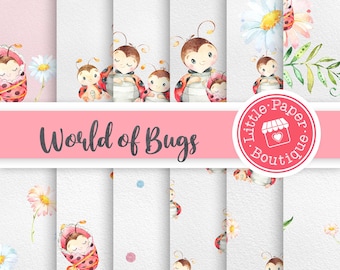 Ladybug digital paper, sweet ladybug scrapbook papers, commercial use, black and white, polka dots, florals, flowers pretty little ladybug