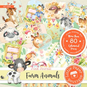 Kit diario spazzatura per animali da fattoria (KIT COMPLETO) Documenti di sfondo del mercato agricolo con maiali e pulcini Oggetti digitali per scrapbooking