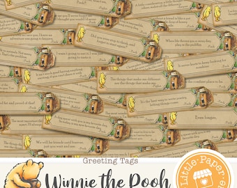 May include: A collection of Winnie the Pooh greeting tags with quotes from the stories. The tags are rectangular with a brown background and feature illustrations of Pooh and friends. The words "Greeting Tags" and "Winnie the Pooh" are also visible.