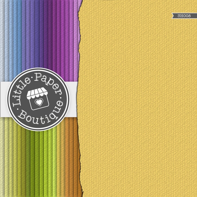 Puede incluir: Una colecci&oacute;n de tiras de papel de colores en varios tonos de azul, morado, verde y marr&oacute;n. Las tiras de papel est&aacute;n dispuestas en una pila vertical. Un borde desgarrado de una hoja de papel amarilla es visible en el lado derecho de la imagen. Las tiras de papel est&aacute;n etiquetadas como "Little Paper Boutique" con un peque&ntilde;o icono de tienda y un coraz&oacute;n.