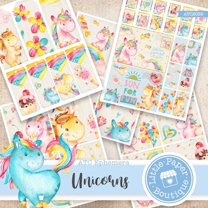 Licorne arc-en-ciel princesse rose bébé bleu licorne imprimable vintage ATC, vintage, kit de journal, journal indésirable, cartes ATC