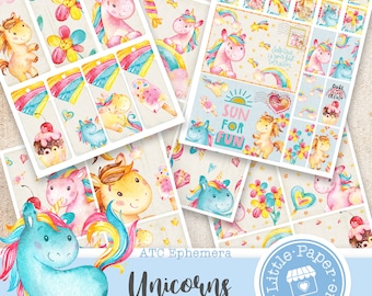 Rainbow Unicorn Princess pink Baby Blue unicorn printable vintage ATC, vintage, journal kit, junk journal, ATC cards