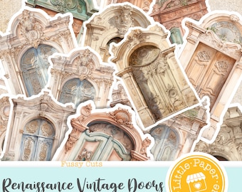May include: A set of ten digital paper images featuring vintage Renaissance-style doors with ornate details. The doors are painted in various shades of beige, brown, blue, and green. The images are perfect for scrapbooking, card making, and other paper crafts.