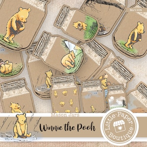 Winnie the Pooh diario basura Mason Jars, imprimible, otoño, acción de gracias, vintage, kit de diario, diario basura, tarjetas ATC, collage horizontal