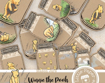 Winnie the Pooh junk journal Mason Jars, printable, autumn, thanksgiving, vintage, journal kit, junk journal, ATC cards, horizontal collage