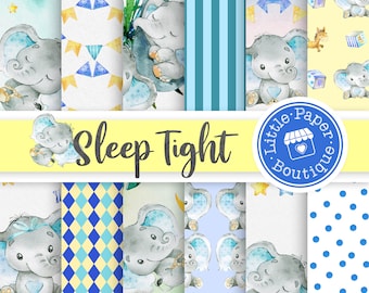 Baby Boy Digital Paper, Baby Shower Scrapbook, Blue & Grey Elephant Backgrounds Baby Paper Pack, Baby Boy Elephant Nursery Elephant Digital