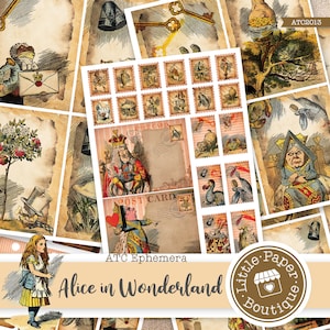 Alice in Wonderland junk journal ATC , printable, autumn, thanksgiving, vintage, journal kit, junk journal, ATC cards, horizontal collage