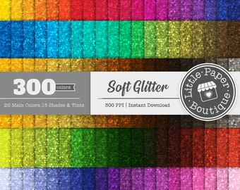 Op de afbeelding: Een digitaal papierpakket met 300 kleuren zachte glittertexturen. Het pakket bevat 20 hoofdkleuren, 15 tinten en nuances. De afbeelding toont een verscheidenheid aan kleuren, waaronder rood, oranje, geel, groen, blauw, paars, roze en bruin. De tekst "300 kleuren", "20 hoofdkleuren, 15 tinten en nuances", "Zachte glitter", "300 PPI | Direct downloaden", en "Little Paper Boutique" is zichtbaar in de afbeelding.
