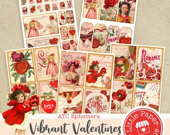 Kit de diário lixo Valentine Love para impressão vintage ATC, vintage, kit de diário, diário lixo, cartões ATC, folhas de colagem horizontal, verso ATC