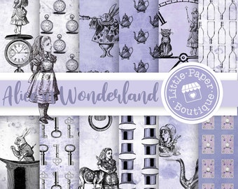 Alice in Wonderland Paper Pack Alice Digital Paper Pack Watercolor Mad Hatter Scrapbook Tea Party Background Fairytale Baby Shower