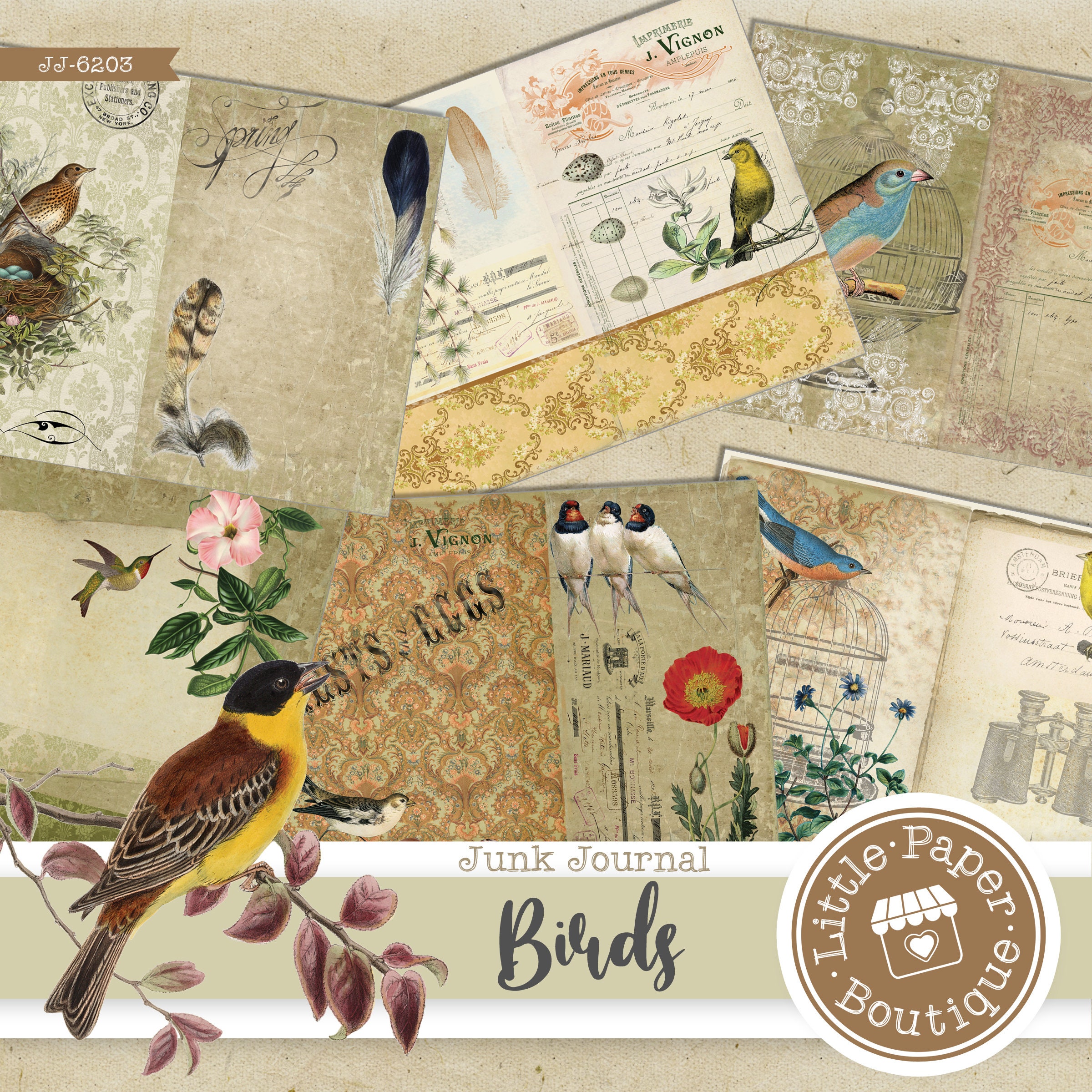Vintage Birds Aviary Digital Junk Journal Kit (FULL KIT) With Scrapbook ...