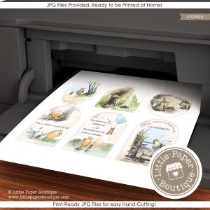 May include: Printable Winnie the Pooh themed paper craft cutouts. The images feature Winnie the Pooh and his friends from the Hundred Acre Wood. The text on the cutouts includes quotes from the Winnie the Pooh stories. The cutouts are ready to be printed at home.