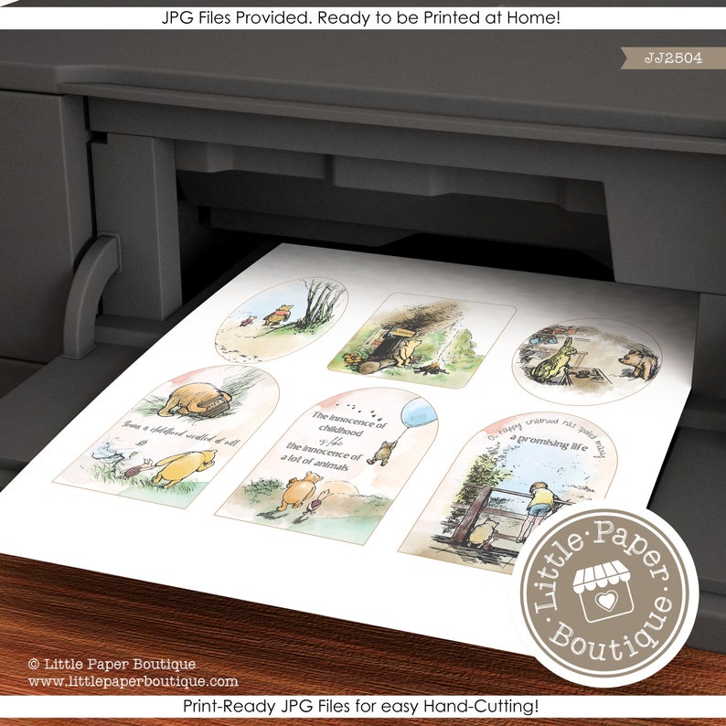 May include: Printable Winnie the Pooh themed paper craft cutouts. The images feature Winnie the Pooh and his friends from the Hundred Acre Wood. The text on the cutouts includes quotes from the Winnie the Pooh stories. The cutouts are ready to be printed at home.