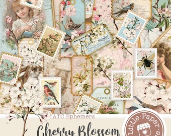 Cherry Blossoms junk journal kit, printable, ATC vintage, journal kit, junk journal, ATC cards, horizontal collage sheets, ATC back