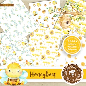 SEAMLESS A4 Letter Busy Bee Digital Paper, Scrapbook Papers, Background, Polka Dots, Stripes Bumble Bee, Bee Patterned, Honeycomb, Chevron