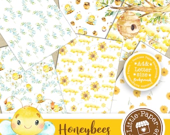 SEAMLESS A4 Letter Busy Bee Digital Paper, Scrapbook Papers, Background, Polka Dots, Stripes Bumble Bee, Bee Patterned, Honeycomb, Chevron