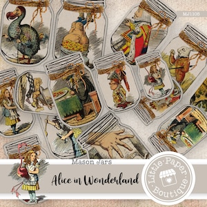 Alice in Wonderland junk journal Mason Jars, printable, autumn, vintage, journal kit, junk journal, ATC cards, horizontal collage, Mason Jar