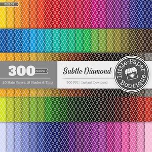 May include: A digital paper pack with 300 colors in a subtle diamond pattern. The pack includes 20 main colors, 15 shades and tints. The image shows a variety of colors, including red, orange, yellow, green, blue, purple, and brown. The text "Subtle Diamond" and "300 PPI | Instant Download" is visible in the image.