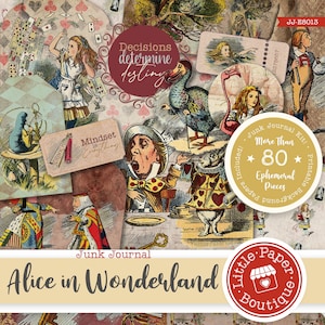 Kit completo per il diario di Alice nel Paese delle Meraviglie (Attraverso lo Specchio) con carta stampabile per scrapbooking e biglietti per uso commerciale.