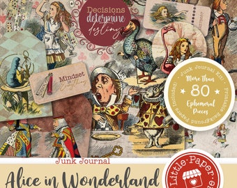 Alice in Wonderland (Through the Looking Glass) Junk Journal Kit (FULL KIT) with Scrapbook Printable Papers, Tickets for COMMERCIAL Use