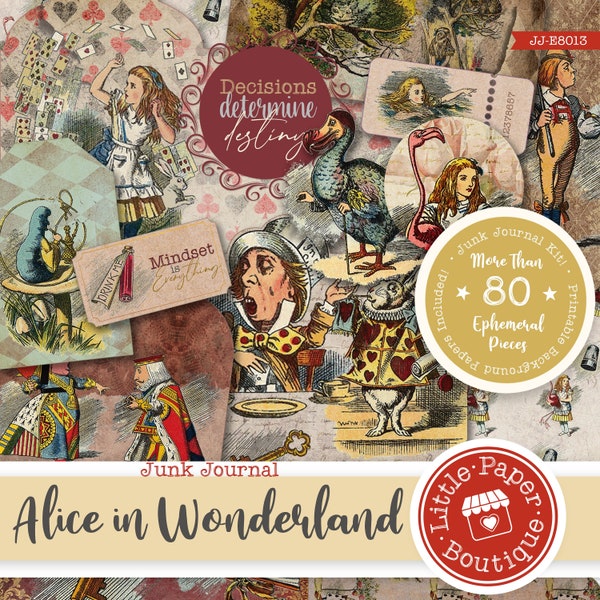 Alice in Wonderland (Through the Looking Glass) Junk Journal Kit (FULL KIT) with Scrapbook Printable Papers, Tickets for COMMERCIAL Use