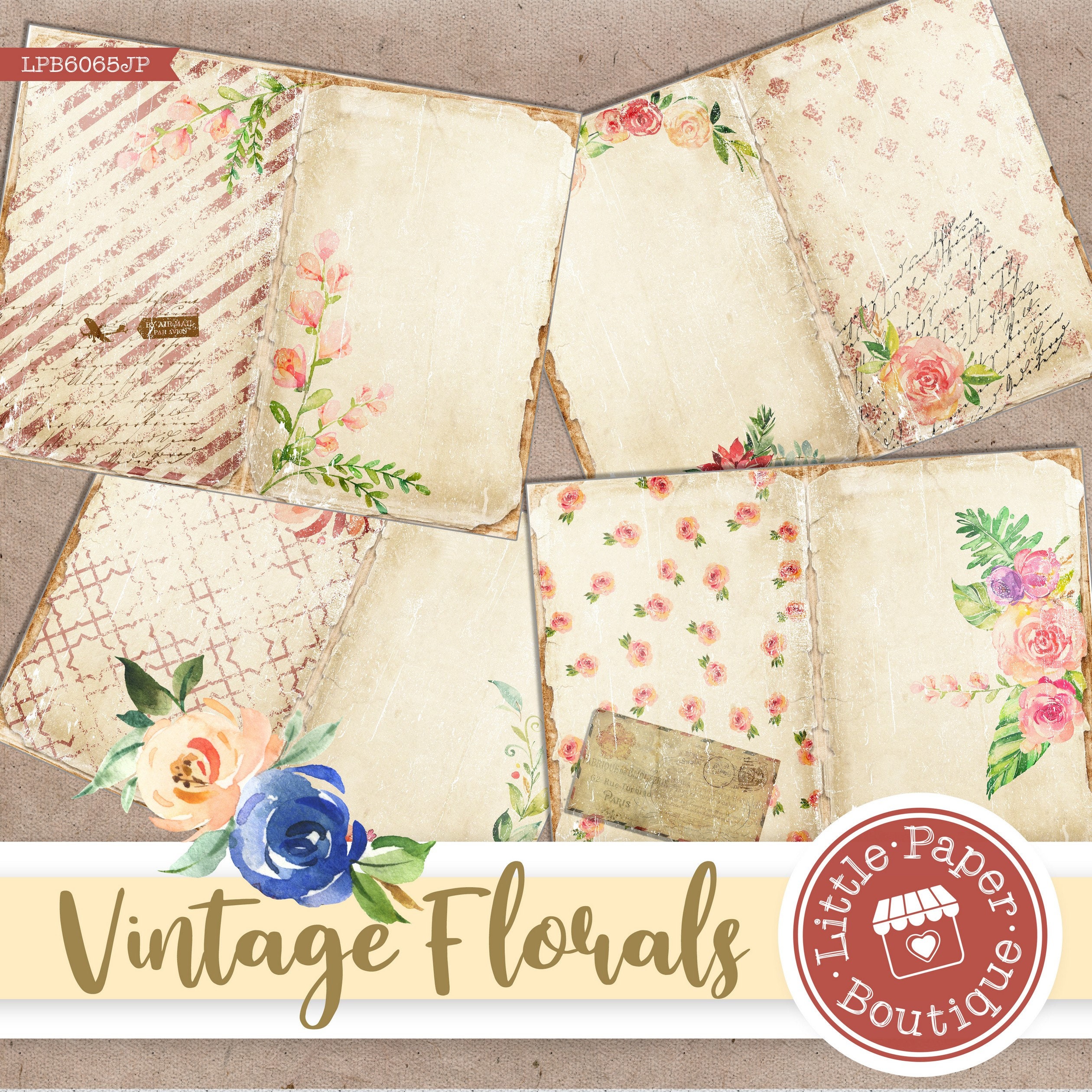 Floral Digital Junk Journal Pages, Shabby Chic Digital Paper Pack ...