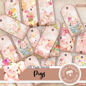 Pig Piglet Farmland Digital Tags, Farm Animal Gift Tags stampabile, vintage, kit diario, diario spazzatura, carte ATC, tag stampabile orizzontale