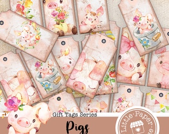 Pig Piglet Farmland Digital Tags, Farm Animal Gift Tags printable, vintage, journal kit, junk journal, ATC cards, horizontal Printable Tag