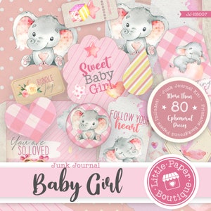 Baby Elephant Girl Digital Junk Journal Kit (FULL KIT) with Ephemera Elements (Scrapbook Printable Pages and Tags)