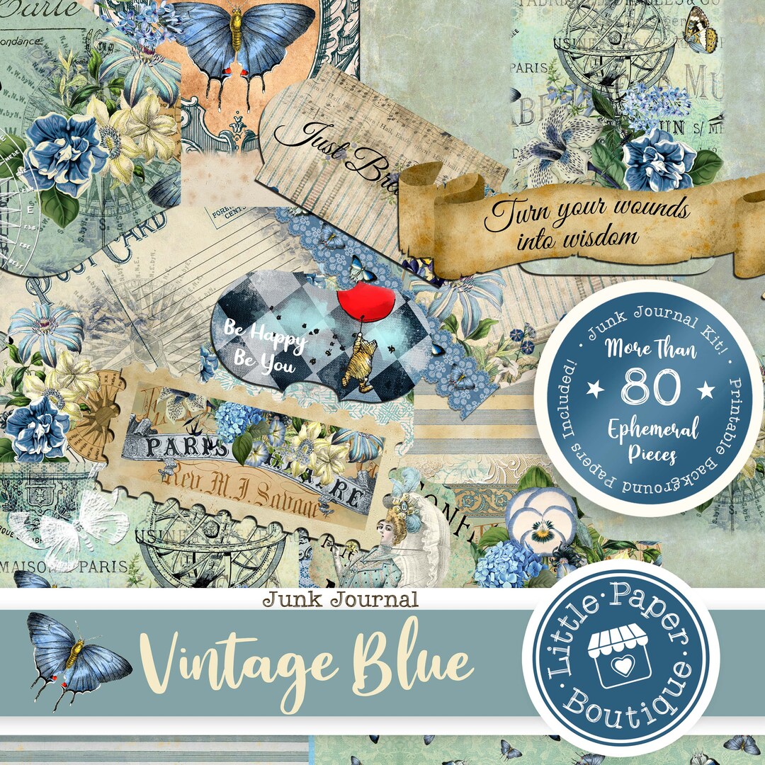 Vintage French Blue Digital Junk Journal Kit (FULL KIT) With Scrapbook ...