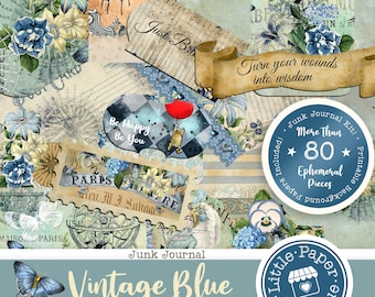Vintage French Blue Digital Junk Journal Kit (FULL KIT) with Scrapbook Printable Papers, Tickets and Ephemera for COMMERCIAL Use