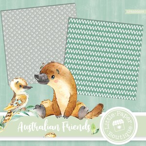 May include: A digital paper pack with two patterns featuring a gray background with white polka dots and a green background with white wavy lines. The pack also includes a digital image of a cartoon platypus and a kookaburra with the text "Australian Friends" and a logo for "Little Paper Boutique".