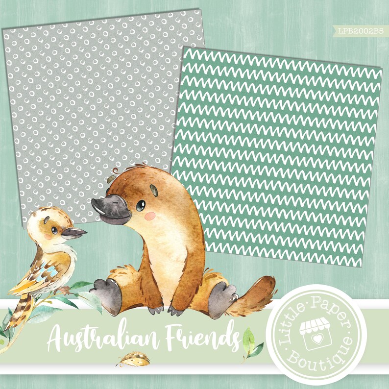May include: A digital paper pack with two patterns featuring a gray background with white polka dots and a green background with white wavy lines. The pack also includes a digital image of a cartoon platypus and a kookaburra with the text "Australian Friends" and a logo for "Little Paper Boutique".