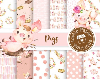 SEAMLESS Pig Piglet Farmland Digital Paper and Clip Art, Farm Animal Digital Scrapbook Paper, Barnyard Digital Paper Pack, Farm Scrapbook