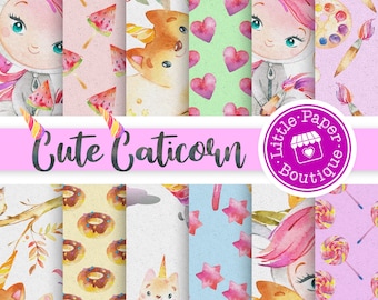 Caticorn Digital Papers, Unicorn Cat, Cat Clipart, KittyCorn, Catacorn Digital Papers for digital scrapbooking birthday, stickers, planners