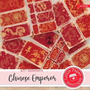 May include: A set of 12 red and gold Chinese Emperor themed printable ATC ephemera cards. The cards feature intricate dragon designs and Chinese characters. The cards are perfect for scrapbooking, card making, and other paper crafts.