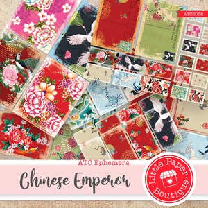 May include: A collection of digital papers featuring a Chinese Emperor theme. The papers include images of flowers, birds, and traditional Chinese patterns. The papers are perfect for scrapbooking, card making, and other paper crafts. ATC Ephemera Chinese Emperor.