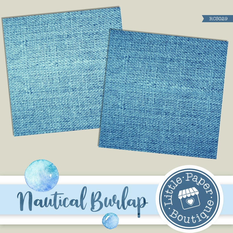 May include: Two blue burlap squares with a textured woven pattern. The squares are arranged diagonally with the top square partially overlapping the bottom square. The image has the text "Nautical Burlap" and a logo for "Little Paper Boutique" at the bottom.