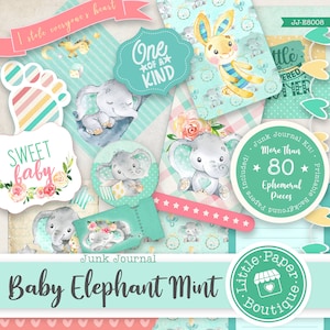 Baby Elefant Junk Journal Kit (FULL KIT) Gender Neutral (in Mint) mit Digitalen Ephemera Elementen