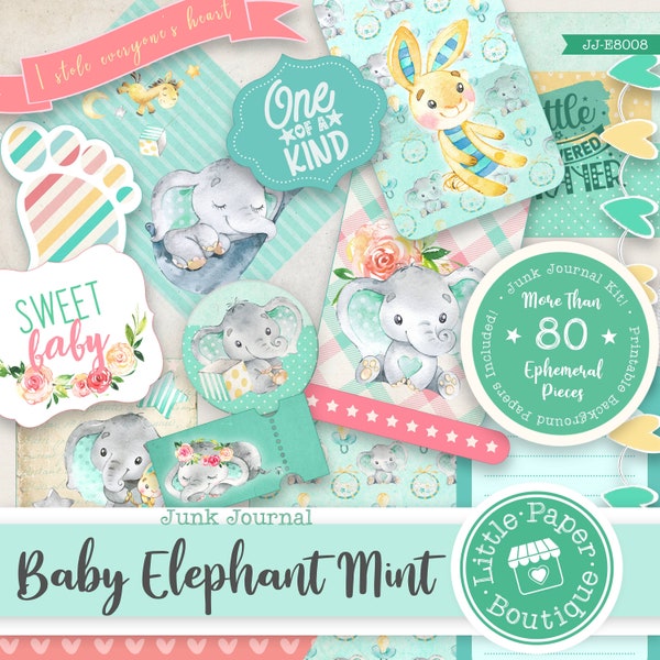 Baby Elephant Junk Journal Kit (FULL KIT) Gender Neutral (in Mint) with Digital Ephemera Elements