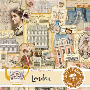 Junk Journal ATC Karten, 8 Vintage ATC, Junk Journal Karten, Ephemera, Scrapbooking, London, Vintage Maps Label, Tags, Instant Download