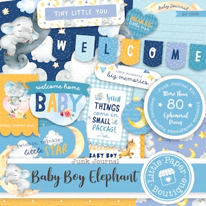 Baby Elephant Boy Digital Junk Journal Kit (KIT COMPLETO) Ephemera Elements Clipart (Scrapbook pagine stampabili e tag)