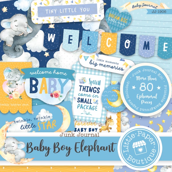 Baby Elephant Boy Digital Junk Journal Kit (FULL KIT) Ephemera Elements Clipart (Scrapbook Printable Pages and Tags)