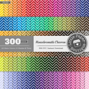 May include: A digital paper pack with 300 chevron patterns in various colors. The patterns are monochromatic and feature white chevron lines on a colored background. The text "300 colors", "20 Main Colors, 15 Shades & Tints", "Monochromatic Chevron", "300 PPI | Instant Download", and "Little Paper Boutique" is included in the image.