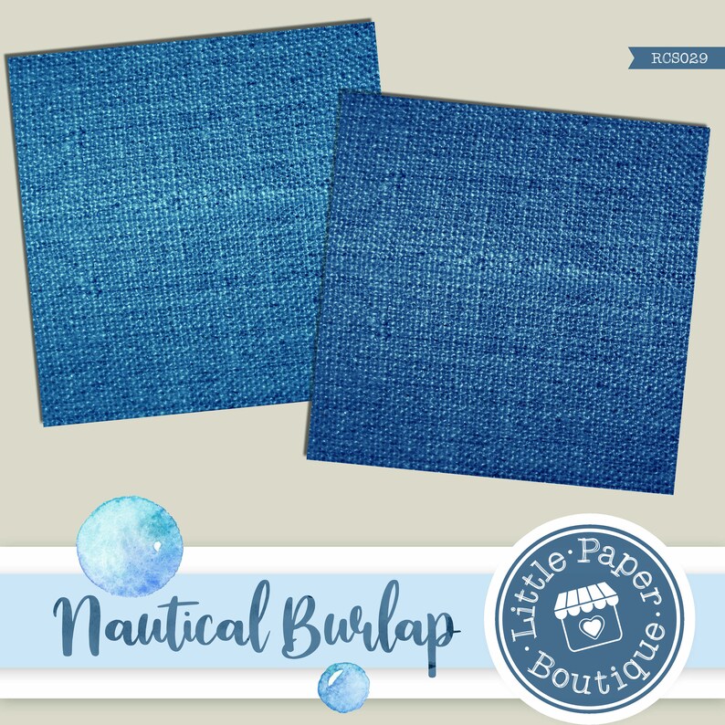May include: Two sheets of blue burlap fabric with a woven texture. The fabric is a deep blue colour and has a slightly rough surface. The sheets are arranged in a staggered pattern, with the top sheet slightly overlapping the bottom sheet. The image is labelled "Nautical Burlap" and "Little Paper Boutique".