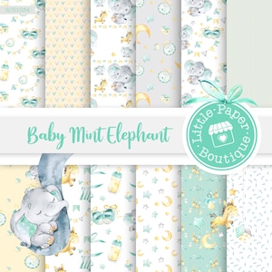 Carta digitale per neonato, album per baby shower, sfondi per elefanti blu e grigi Confezione di carta per neonati, vivaio per elefante per neonato Digitale