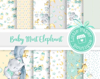 Baby Boy Digital Paper, Baby Shower Scrapbook, Blue & Grey Elephant Backgrounds Baby Paper Pack, Baby Boy Elephant Nursery Elephant Digital